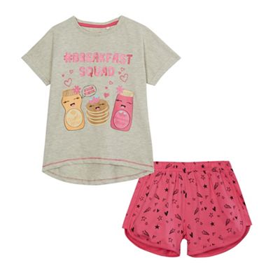 Girls' grey and pink 'Breakfast Squad' print pyjama set